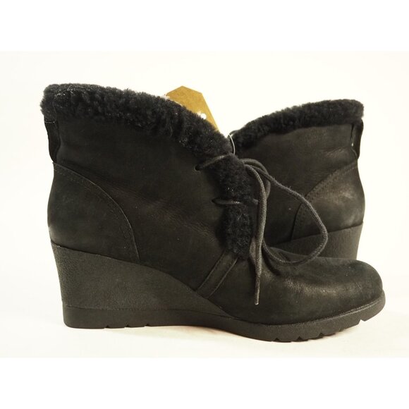 Ugg Black Leather Wedge Black Sheepskin Lined Heel Ankle Boots, 8 - Picture 5 of 9